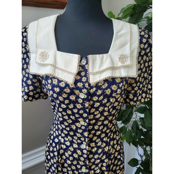 Vintage Perceptions Blue Floral Square Neck Short Sleeve Long Maxi Dress Size 6 - Picture 2 of 10